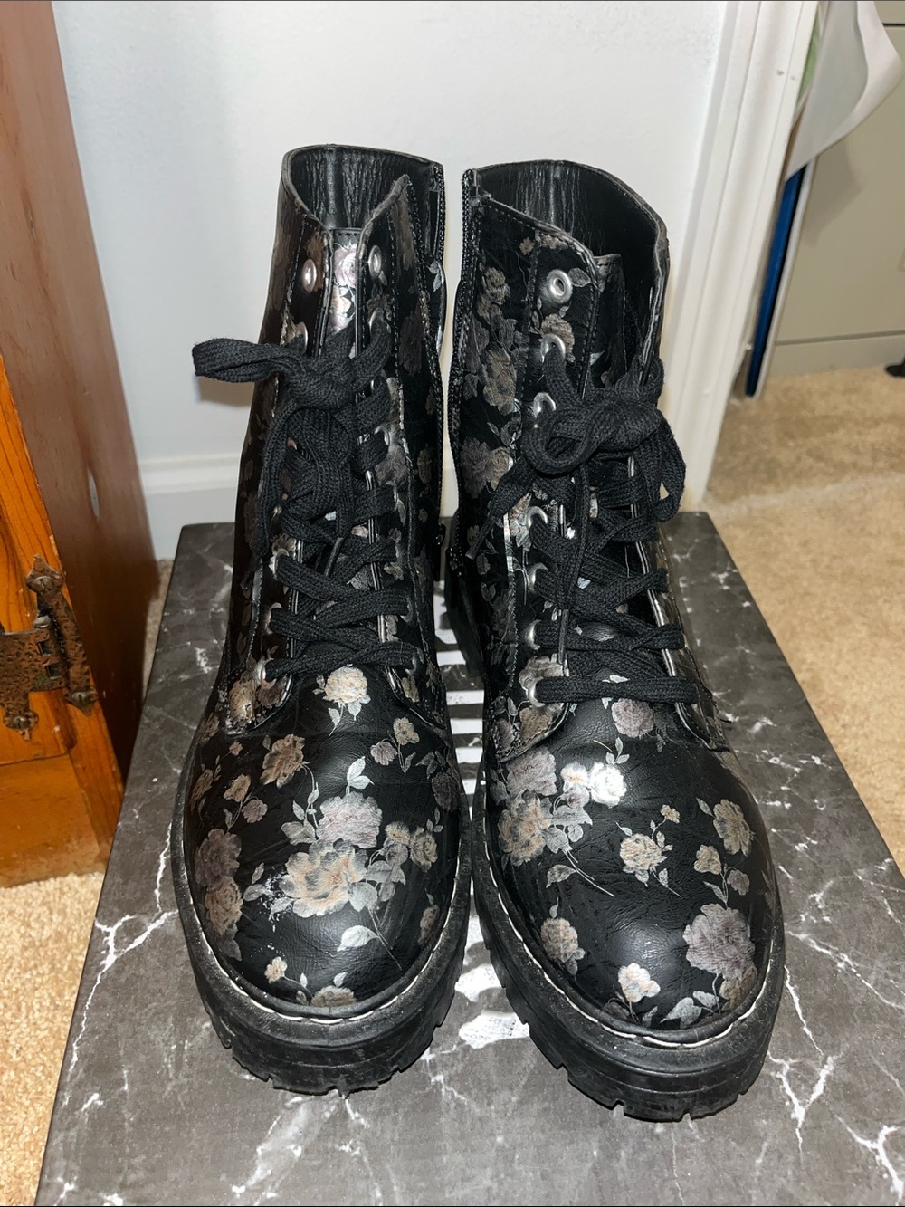 Floral Combat Lace-Up Boots - Black